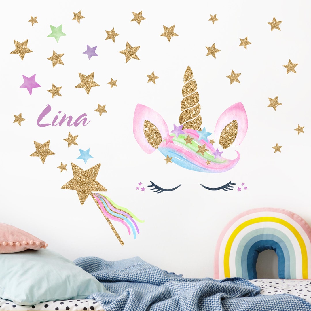 Wall Sticker for Kids Watercolor Unicorn Gold Glitter Stars With Your