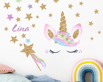 De sticker van de muurkwekerijmeisje aquarel eenhoorn gouden glittersterren met naammeisje kamermuurstickers babyruimte glitter fairy muursticker