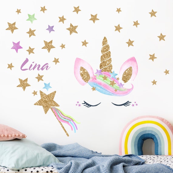 Adesivi murali bambini Acquerello Unicorno Oro Glitter Stelle con il tuo  nome Stickers cameretta Decorazioni pareti stanza bimbi dolci -  Italia