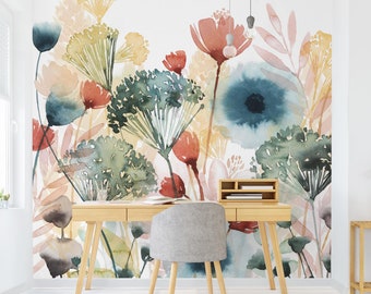 Tapete Blumen selbstklebend - Bunte Wildblumen Aquarell Watercolour weiß | Fototapete XXL Vliestapete Schlafzimmer Blumentapete