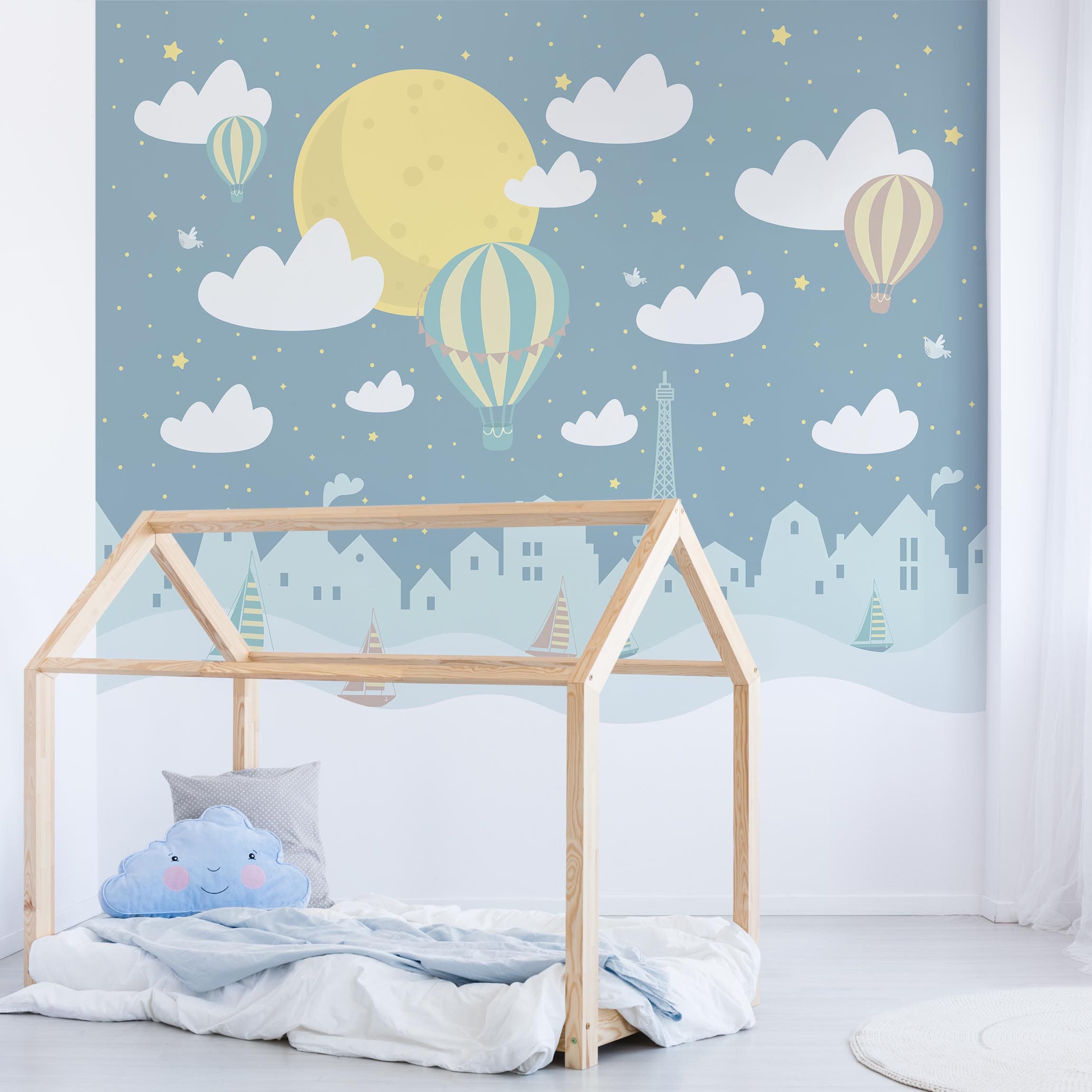 GAULAN 500232125 - Papel pintado infantil para bebe de globos aerostáticos  de acuarela con lunares topitos para pared habitación infantil cuarto niño
