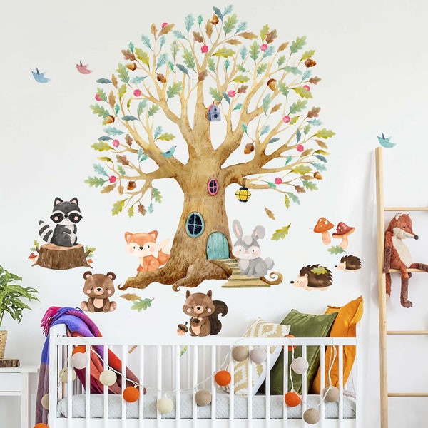 Vinilos infantiles - animales de los bosques arbóreos otoño | Niños niñas bebes pegatinas cuarto habitación pequeños decoración pared mural