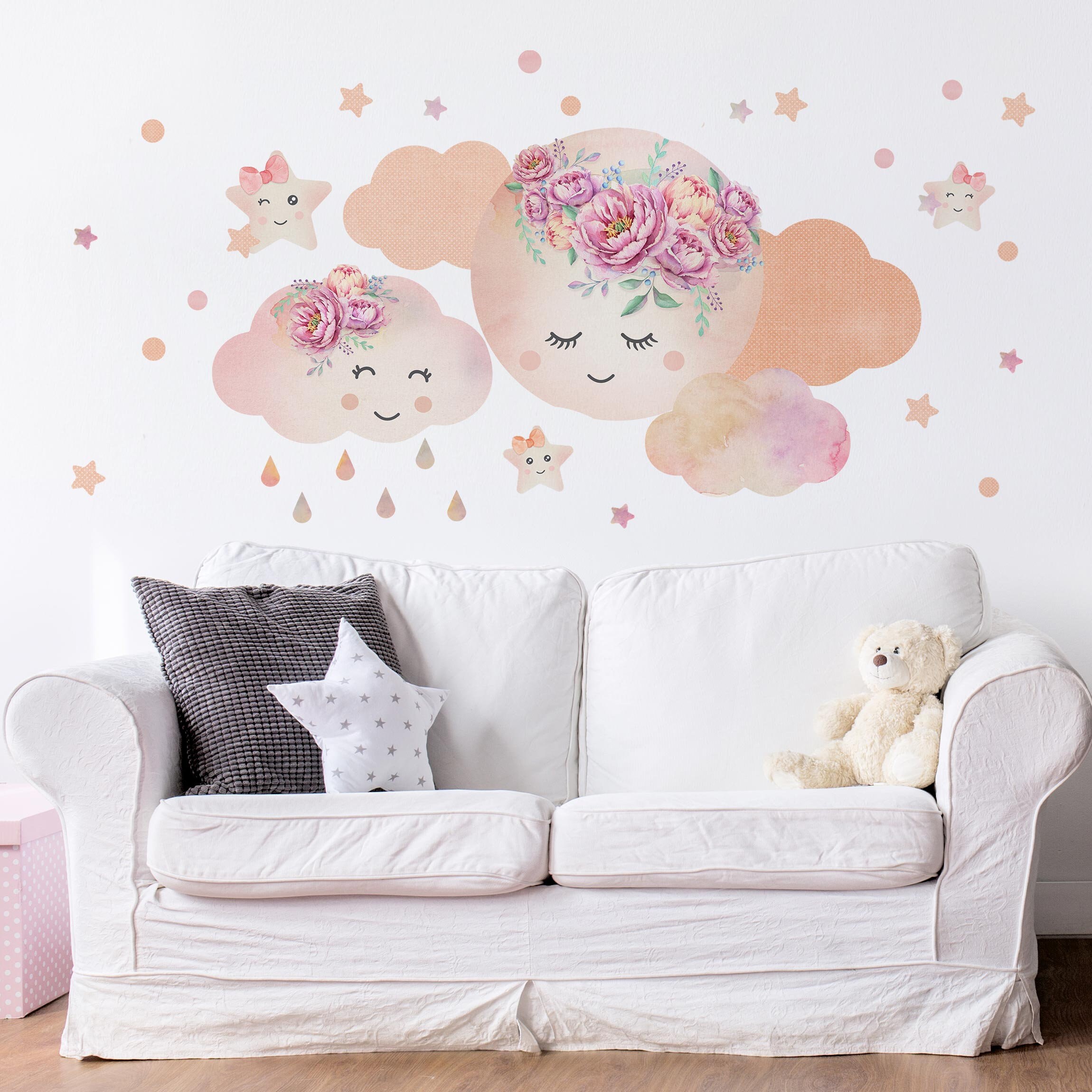 Wall Sticker for Kids Watercolor Moon Clouds and Stars With Etsy