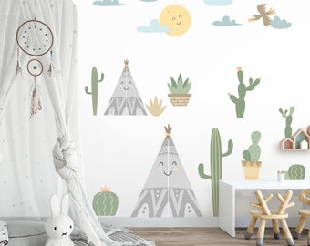 Sticker mural pour chambre d'enfant bébé - Tente indienne tipi cactus nuages soleil | Stickers muraux enfant stickers muraux chambre bébé décoration murale douce