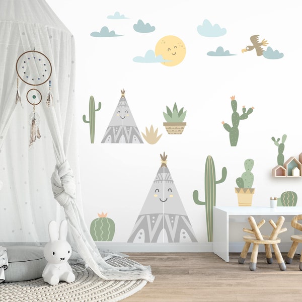 Wandtattoo Kinderzimmer Baby - Indianer-Zelt Tipi Kakteen Wolken Sonne | Kinder Wandsticker Babyzimmer Wandaufkleber Wanddeko Süß