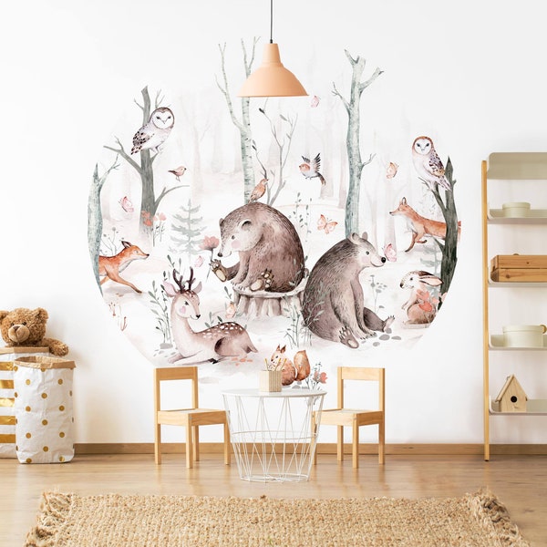 Rond behang zelfklevend - aquarel bosdierenvrienden | Kinderbehang babykamer kinderfotobehang babybehang babydieren