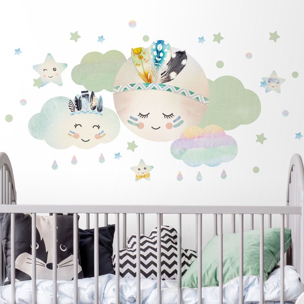 Wall sticker for kids -  Watercolor Moon Clouds Stars With Feathers | children wall stickers animals