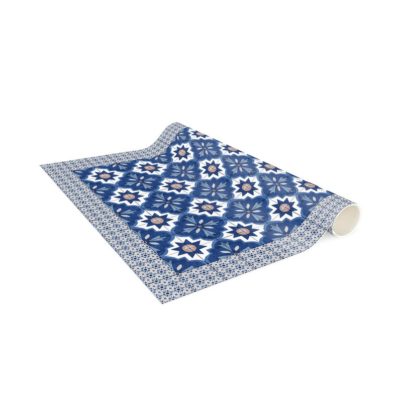 Vinyl Floor Mat Moroccan Tiles Watercolour Blue With Tile Frame Floor Mat Vinyl Carpet PVC Kitchen Floor Protection image 4