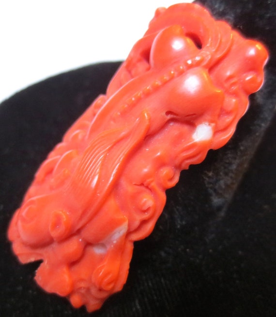 Fabulous Carved Coral Chinese Dragon Foo Dog Pend… - image 3