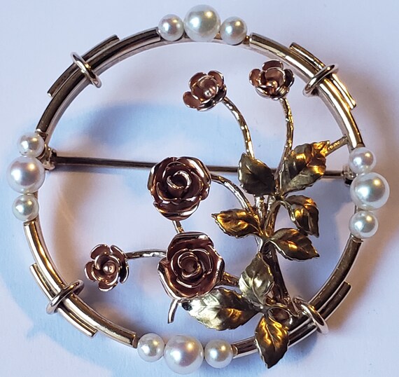 14k Gold Pearl Vintage Rose Flower Brooch - image 6