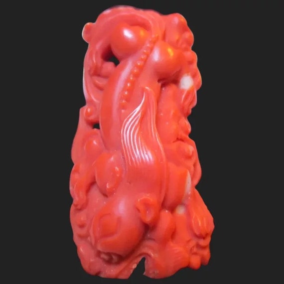 Fabulous Carved Coral Chinese Dragon Foo Dog Penda