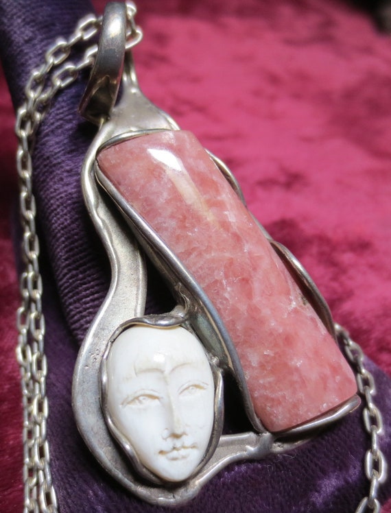 Vintage Silver Rhodochrosite & Carved Face Pendan… - image 4