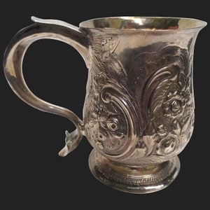 18th Century John Schuppe 1771 Sterling Silver Mug Floral Repousse Heart Cup