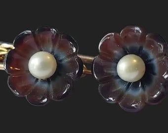 Victorian Banded Agate Pearl Flower Stickpin Lapel Brooch 14k - 18k Gold