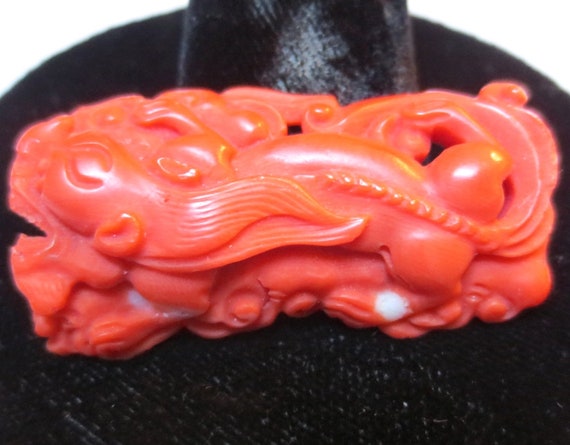 Fabulous Carved Coral Chinese Dragon Foo Dog Pend… - image 7