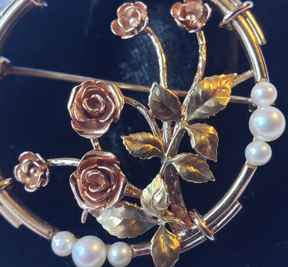 14k Gold Pearl Vintage Rose Flower Brooch - image 3