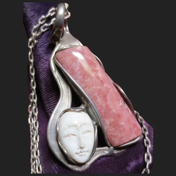 Vintage Silver Rhodochrosite & Carved Face Pendan… - image 1