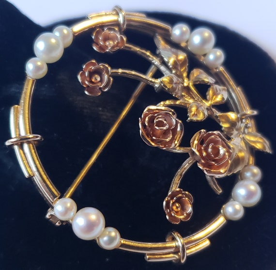 14k Gold Pearl Vintage Rose Flower Brooch - image 2