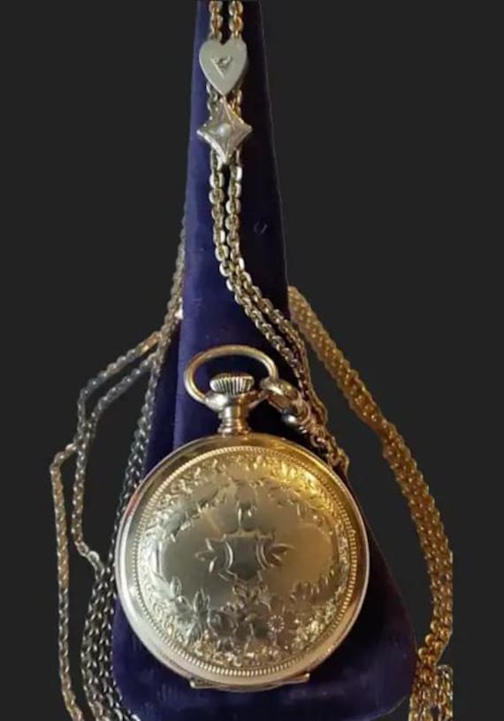 Antique Victorian Necklace Chain Gold Waltham Pocket Watch Heart Diamond