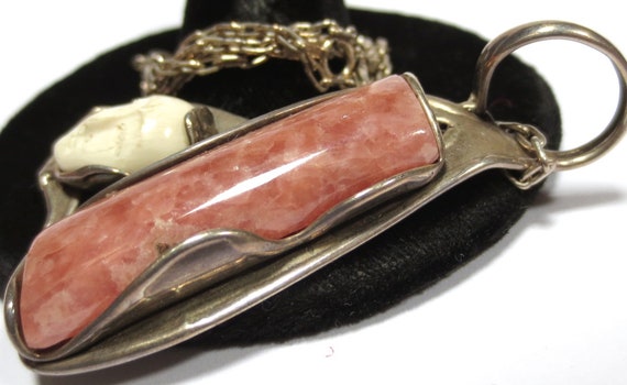 Vintage Silver Rhodochrosite & Carved Face Pendan… - image 5