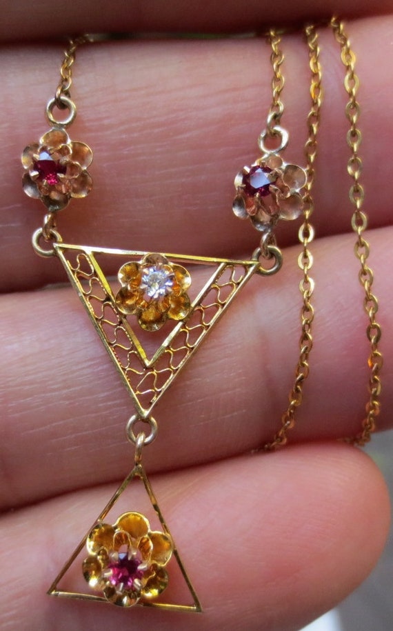 Edwardian 10K Gold Diamond & Ruby Lavalier Flower… - image 8
