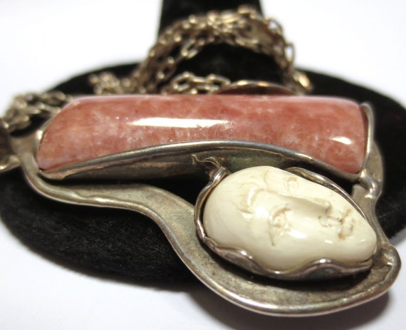 Vintage Silver Rhodochrosite & Carved Face Pendan… - image 6