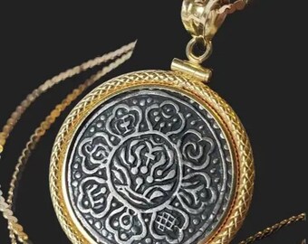 18K Gold Pendant Antique Silver Tibetan Coin 14K Chain