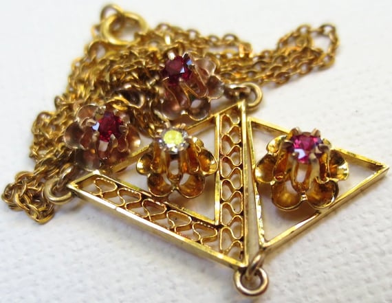 Edwardian 10K Gold Diamond & Ruby Lavalier Flower… - image 3