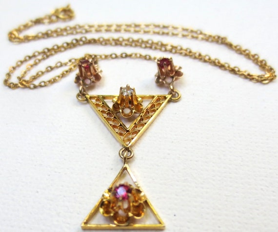 Edwardian 10K Gold Diamond & Ruby Lavalier Flower… - image 2