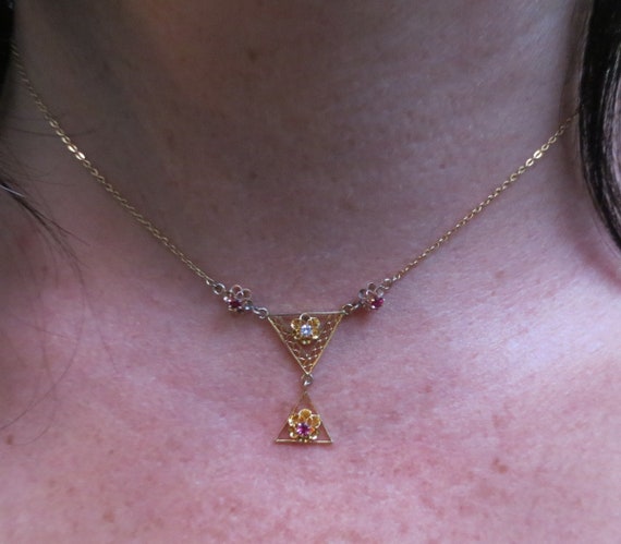 Edwardian 10K Gold Diamond & Ruby Lavalier Flower… - image 9