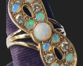 Unique 14k Gold Opal and Sapphire Vintage Propeller Ring