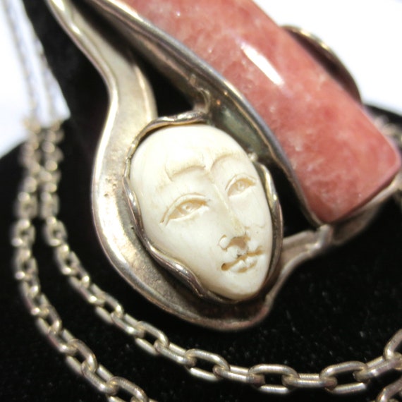 Vintage Silver Rhodochrosite & Carved Face Pendan… - image 7