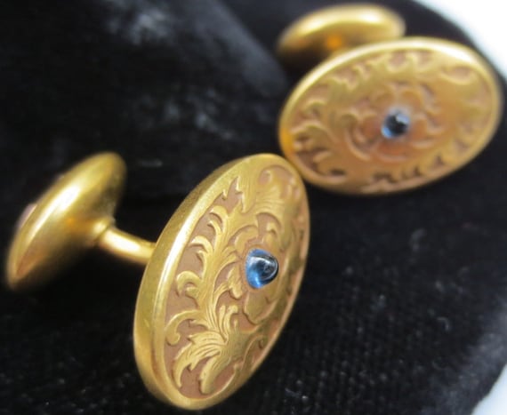Fine Victorian 14K Gold Antique Sapphire Cufflinks - image 4