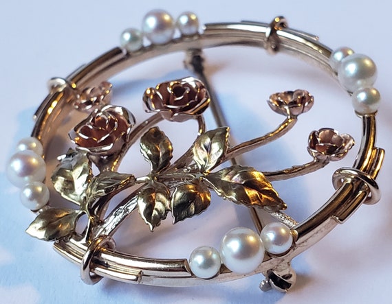 14k Gold Pearl Vintage Rose Flower Brooch - image 5