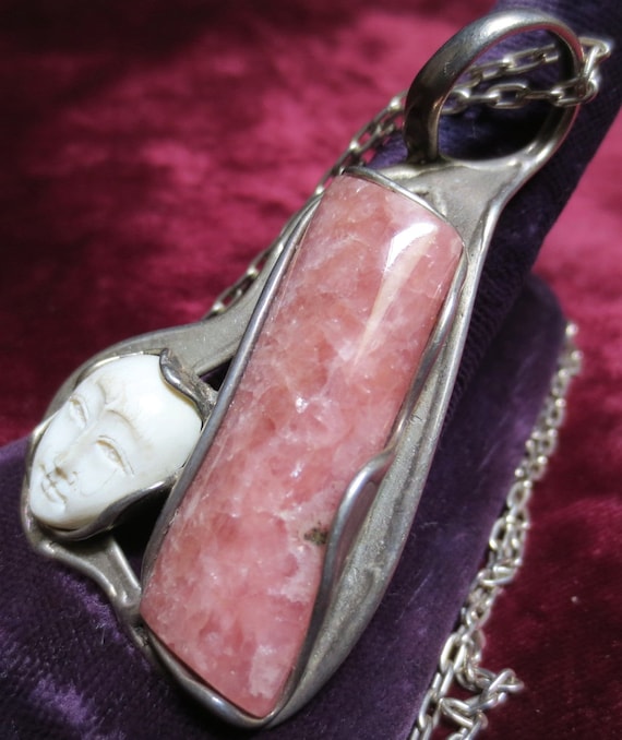 Vintage Silver Rhodochrosite & Carved Face Pendan… - image 3