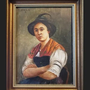 Antique Oil Portrait Painting German Bavarian Lady
