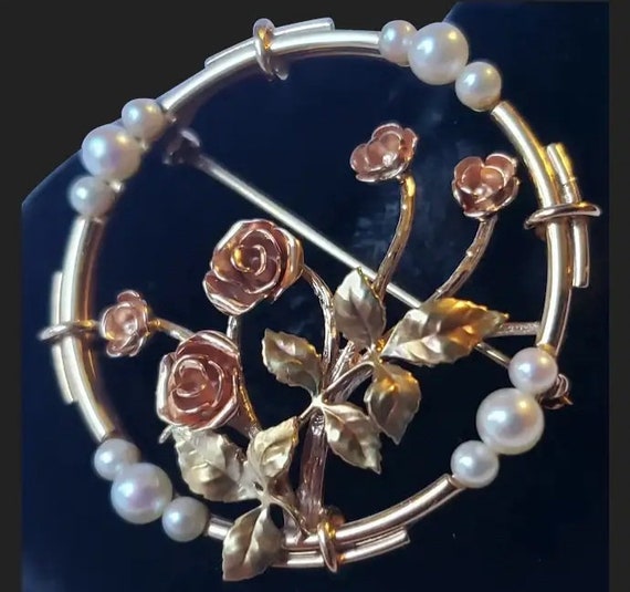 14k Gold Pearl Vintage Rose Flower Brooch - image 1