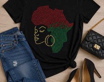 T-shirt con mappa dell'Africa e regina degli strass, maglietta con melanina scintillante, abbigliamento Black Girl Magic