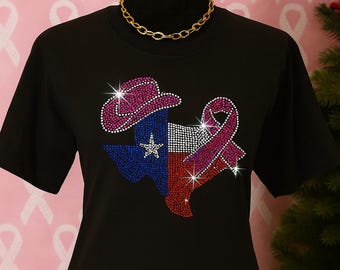 Texas Pride Pink Ribbon Rhinestone Shirt | Breast Cancer Awareness Tee