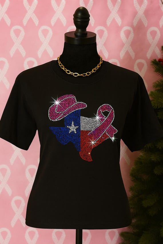 Texas Pride Pink Ribbon Rhinestone Shirt | Breast Cancer Awareness Tee