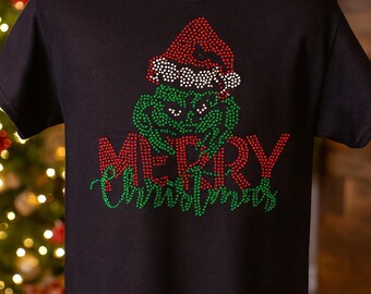 Merry Christmas Rhinestone Grinch T-Shirt – Holiday Bling Tee