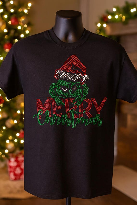 Merry Christmas Rhinestone Grinch T-Shirt – Holiday Bling Tee