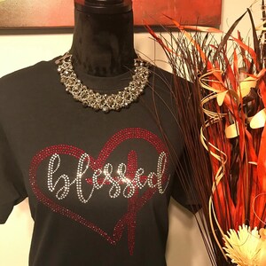 Blessed W/Heart and Cross. Rhinestone/Bling T-shirt. Motivational, Inspirational, Christian, Faith Shirts for Women