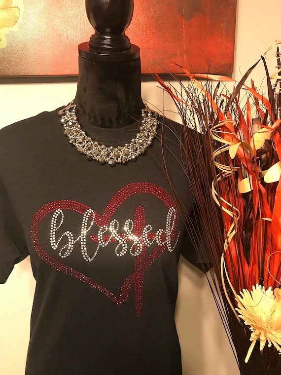 Blessed W/Heart and Cross. Rhinestone/Bling T-shirt. Motivational, Inspirational, Christian, Faith Shirts for Women