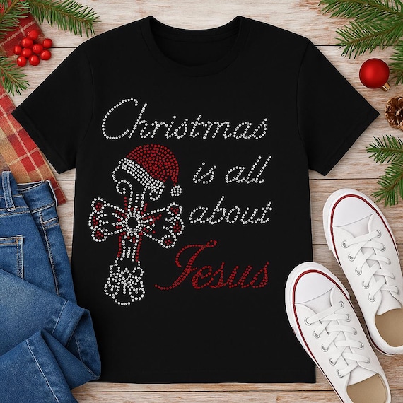 Christmas Is All About Jesus Rhinestone Shirt – Bling Christian Christmas Tee