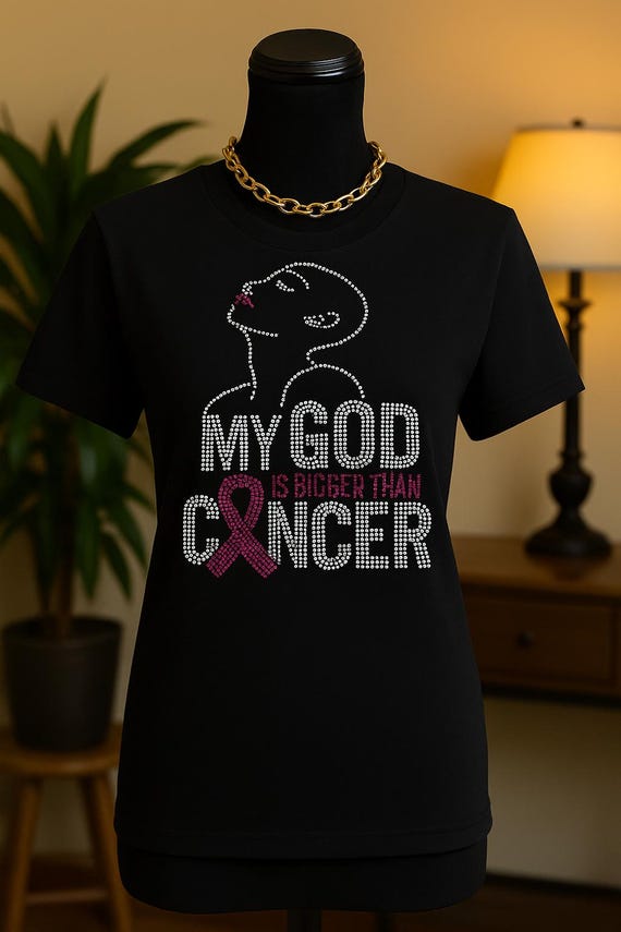 My God is Bigger Than Cancer Rhinestone T-Shirt | Breast Cancer Awareness Bling Tee | Faith & Strength