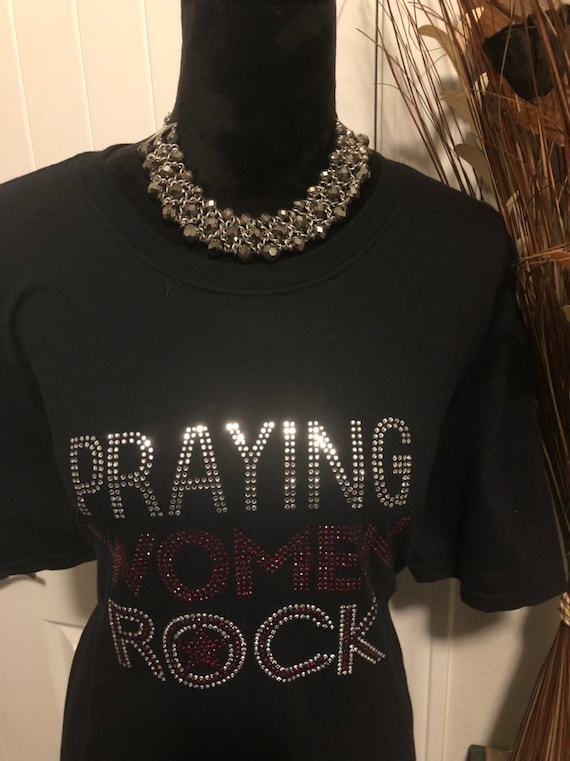 Praying Woman Rock Rhinestone/Bling T-shirt. Motivational, Inspirational, Christian, Faith Shirts for Women