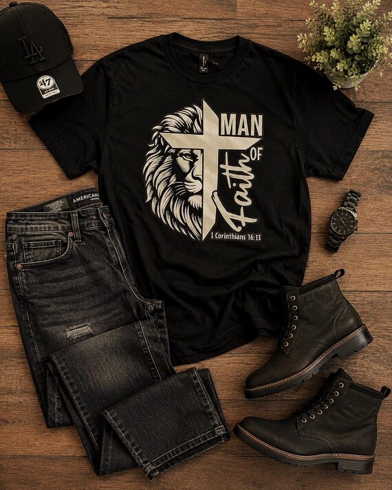 Man of Faith Christian Graphic Tee | Lion Cross Scripture Shirt | 1 Corinthians 16:13 | Inspirational Unisex T-Shirt