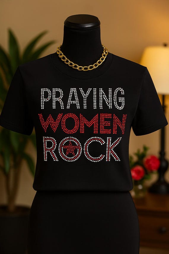 Praying Woman Rock Rhinestone/Bling T-shirt. Motivational, Inspirational, Christian, Faith Shirts for Women