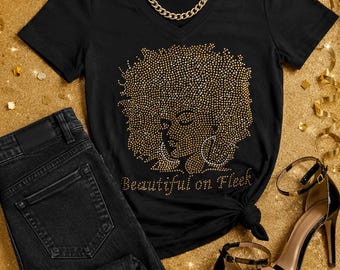 Beautiful on Fleek Rhinestone V-Neck T-Shirt | Glam Afro Queen Graphic Tee | Sparkle Fashion Statement Tee